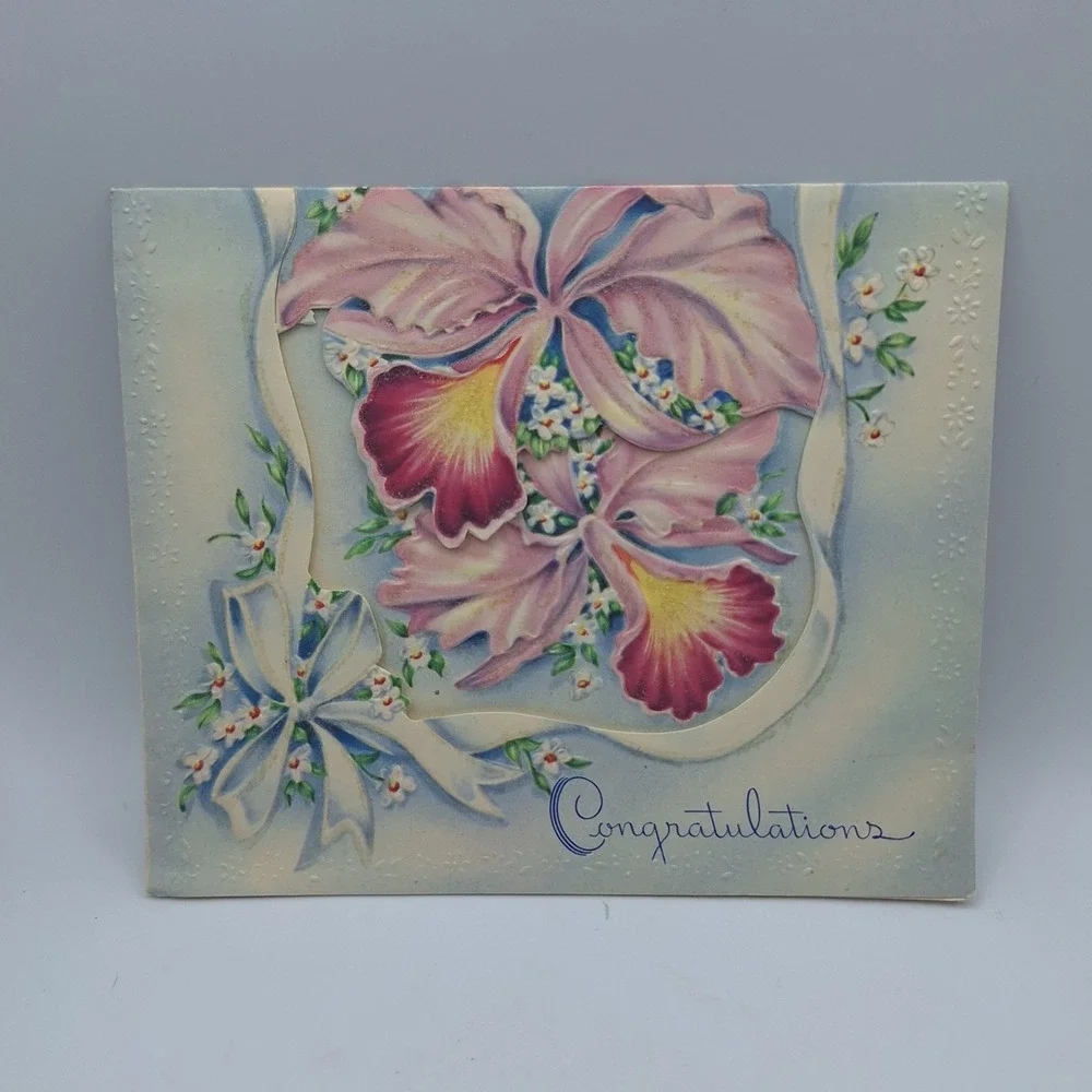 Vintage Congratulations Pop Up‎ Card 3D Flowers Bow Ribbon Design